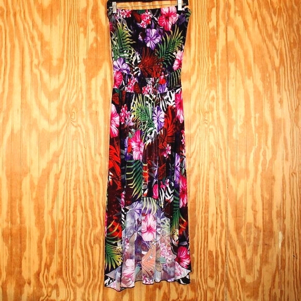 🌺 Just Love Strapless Maxi Dress L — Tropical Hibiscus High-Low Hem 🌴